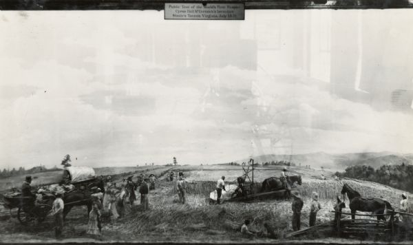 Diorama(?) depicting the test of the first mechanical reaper by Cyrus McCormick at Steele's Tavern, Virginia in 1831. The display was likely part of International Harvester's exhibit at the "A Century of Progress" world's fair in Chicago.