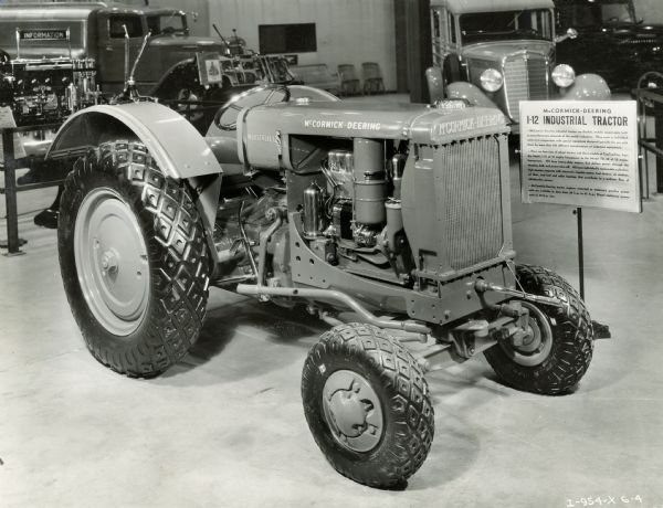 McCormick-Deering I-12 Industrial tractor on display in the International Harvester exhibit at the "A Century of Progress" world's fair.