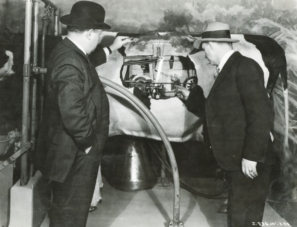 Two men examining a mechanical milker and cow in the International Harvester exhibit at the "A Century of Progress" world's fair.