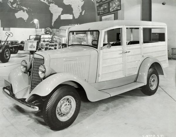 An International paneled station wagon ("woody") on display in the International Harvester exhibit at the "A Century of Progress" world's fair.