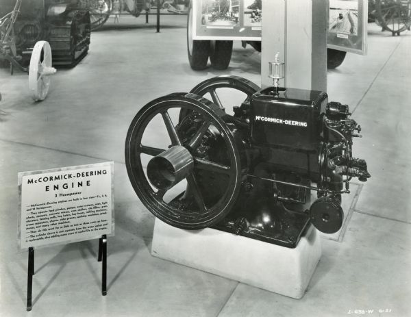 McCormick-Deering 3-horsepower stationary engine on display in the International Harvester exhibit at the "A Century of Progress" world's fair.