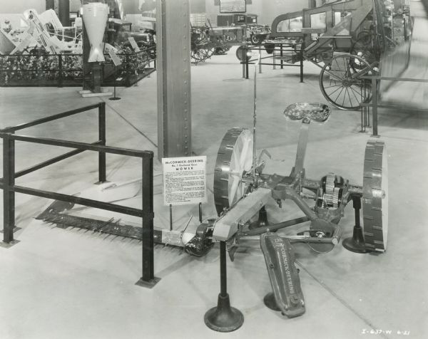 McCormick-Deering No.7 enclosed gear mower on display in the International Harvester exhibit at the "A Century of Progress" world's fair.