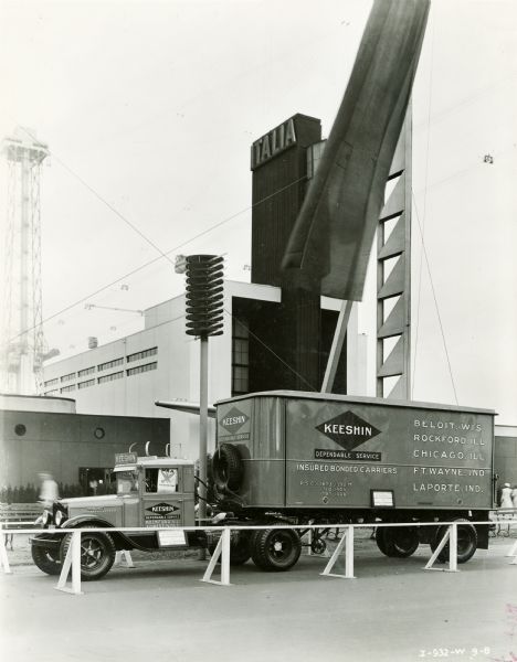 International truck used by Keeshin "Insurance Bonded Carriers" parked at the "A Century of Progress" world's fair.