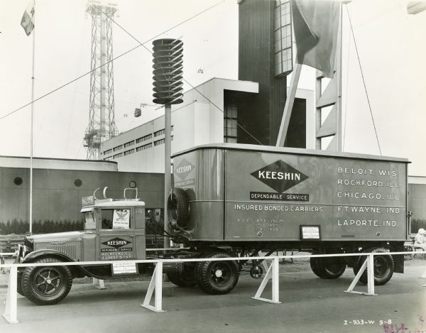 International truck used by Keeshin "Insurance Bonded Carriers" parked at the "A Century of Progress" world's fair.
