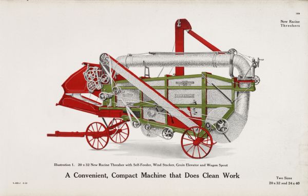 General line catalog color illustration of a 20 x 32 New Racine thresher outfitted with a self-feeder, wind stacker, grain elevator and wagon spout. The text beneath the illustration reads: "A Convenient, Compact Machine that Does Clean Work" and "Two Sizes, 20 x 32 and 24 x 40".