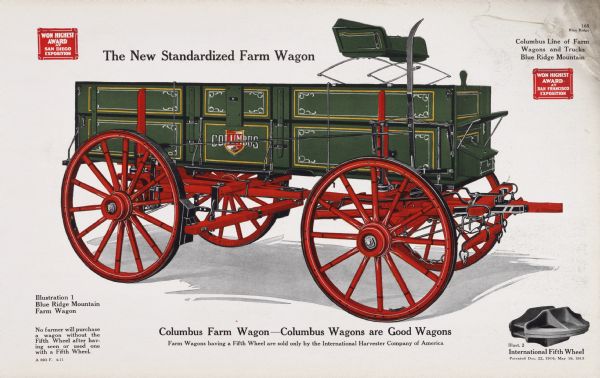 General line catalog color illustration of a Columbus Blue Ridge Mountain farm wagon.  An "International Fifth Wheel" is pictured in the lower right corner. The text beneath the illustration reads: "No farmer will purchase a wagon without the Fifth Wheel after having seen or used one with a Fifth Wheel" and "Columbus Farm Wagon - Columbus Wagons are Good Wagons; Farm Wagons having a Fifth Wheel are sold only by the International Harvester Company of America."