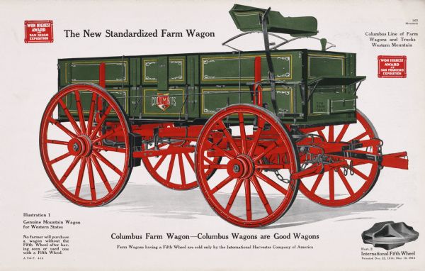 General line catalog color illustration of a Genuine Mountain wagon for Western States.  An "International Fifth Wheel" is pictured in the lower right corner. The text beneath the illustration reads: "No farmer will purchase a wagon without the Fifth Wheel after having seen or used one with a Fifth Wheel" and "Columbus Farm Wagon - Columbus Wagons are Good Wagons; Farm Wagons having a Fifth Wheel are sold only by the International Harvester Company of America."