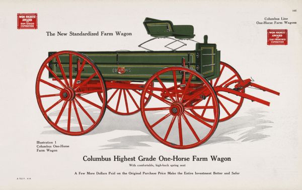 General line catalog color illustration of a Columbus one-horse farm wagon. The caption beneath the illustration reads: "Columbus Highest Grade One-Horse Farm Wagon; With Comfortable, high-back spring seat" and "A Few More Dollars Paid on the Original Purchase Price Make the Entire Investment Better and Safer."