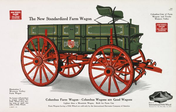 General line catalog color illustration of a Columbus Western Valley farm wagon. An "International Fifth Wheel" is pictured in the lower right corner. The text beneath the illustration reads: "No farmer will purchase a wagon without the Fifth Wheel after having seen or used one with a Fifth Wheel," "Columbus Farm Wagon - Columbus Wagons are Good Wagons," "Lighter than a Mountain Wagon. Built for Farm Use," and "Farm Wagons having a Fifth Wheel are sold only by the International Harvester Company of America."