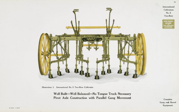 General line color catalog illustration of an International No.5 two-row cultivator. The caption beneath the illustration reads, "Well Built-Well Balanced-No Tongue Truck Necessary; Pivot Axle Construction with Parallel Gang Movement" and "Complete Gang and Shovel Equipment".