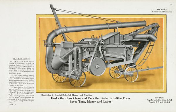 General line catalog color illustration of a Special eight-roll husker and shredder. The text beneath the illustration reads, "Husks the Corn Clean and Puts the Stalks in Edible Form; Saves Time, Money and Labor" and "Two Styles - Regular or Little Giant 4-Roll, Special 6, 8 and 10-Roll".