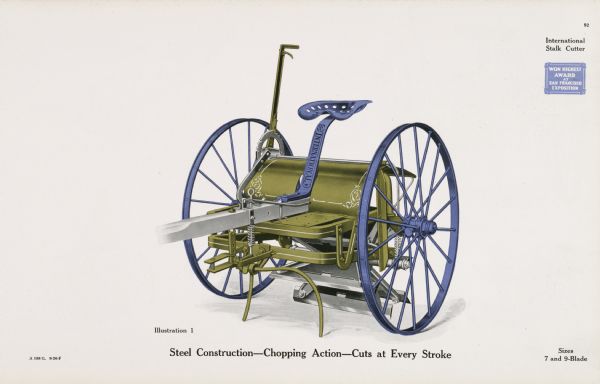 General line catalog color illustration of an International stalk cutter. The text beneath the illustration reads, "Steel Construction-Chopping Action-Cuts at Every Stroke" and "Sizes, 7 and 9-Blade".