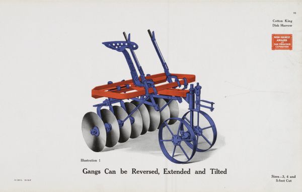 General line catalog color illustration of a Cotton King disk harrow. The text beneath the illustration reads, "Gangs Can be Reversed, Extended and Tilted" and "Sizes--3, 4 and 5-foot Cut".