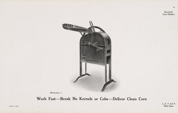 General line catalog illustration of a Keystone corn sheller. The text beneath the illustration reads: "Work Fast-Break No Kernels or Cobs-Deliver Clean Corn" and "1, 2, 4 and 6 Hole Sizes".