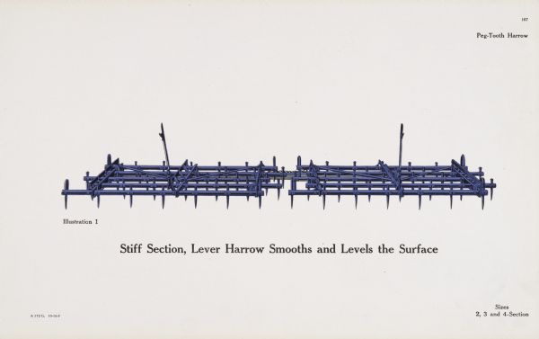 General line catalog color illustration of a peg-tooth harrow. The text beneath the illustration reads, "Stiff Section, Lever Harrow Smooths and Levels the Surface" and "Sizes, 2, 3 and 4-Section".