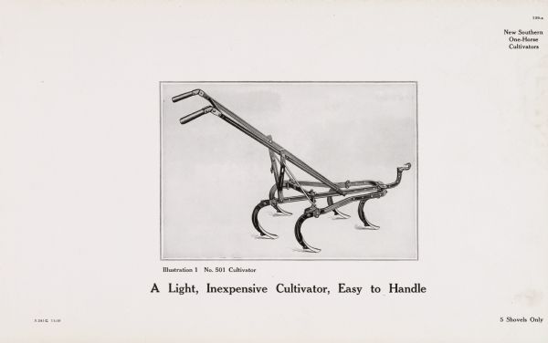 General line catalog illustration of a New Southern one-horse cultivator. The text beneath the illustration reads, "A Light, Inexpensive Cultivator, Easy to Handle" and "5 Shovels Only".