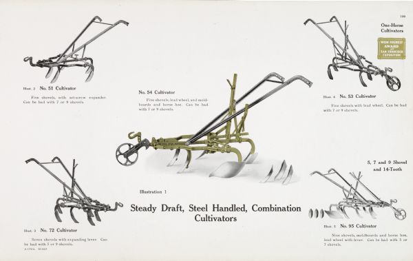 General line catalog color illustrations of multiple one-horse cultivators, including models No. 51, 53, 54, 72, and 95. The caption reads, "Steady Draft, Steel Handled, Combination Cultivators".