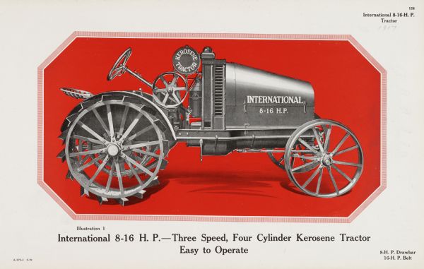 General line catalog illustration of an International 8-16 H.P. tractor. The text beneath the illustration reads: "International 8-16 H.P - Three Speed, Four Cylinder Kerosene Tractor; Easy to Operate" and "8-H.P. Drawbar, 16-H.P. Belt".