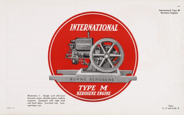 General line catalog illustration of an International Type "M" kerosene engine. The text beneath the illustration reads: "Simple and efficient kerosene mixer, durable ignitor, built-in magneto. Equipped with sight feed and hard oilers. Low-first cost. Low operating cost" and "Sizes 1 1/2, 3 and 6-H.P."