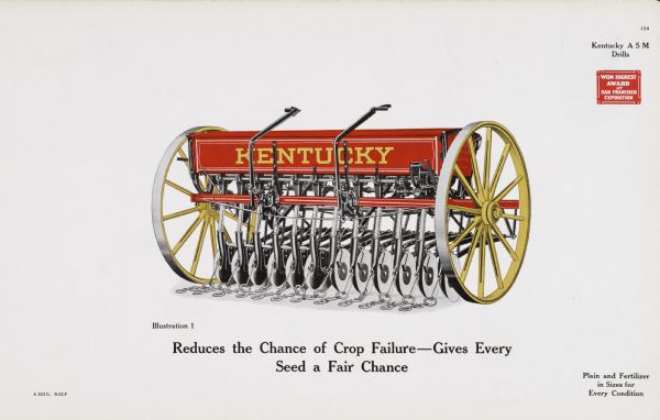 General line catalog color illustration of a Kentucky ASM drill. The text beneath the illustration reads: "Reduces the Chance of Crop Failure - Gives Every Seed a Fair Chance" and "Plain and Fertilizer in Sizes for Every Condition."