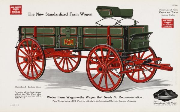 General line catalog color illustration of an Eastern States farm wagon.  An "International Fifth Wheel" is pictured in the lower right corner. The text beneath the illustration reads: "No farmer will purchase a wagon without the Fifth Wheel after having seen or used one with a Fifth Wheel" and "Weber Farm Wagon - the Wagon that Needs No Recommendation; Farm Wagons having a Fifth Wheel are sold only by the International Harvester Company of America."