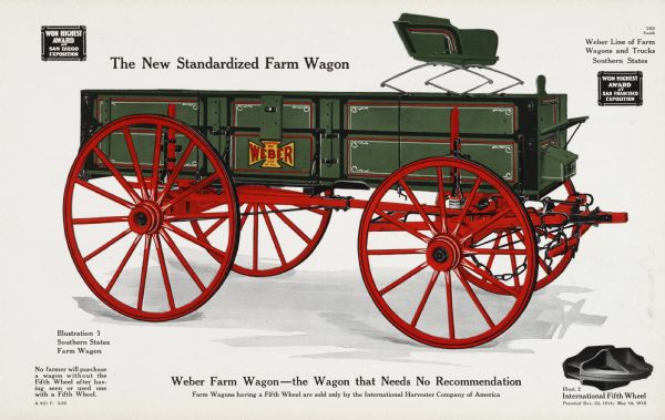 General line catalog color illustration of a Southern States farm wagon, the "New Standardized Farm Wagon." An "International Fifth Wheel" is pictured in the lower right corner. The text beneath the illustration reads: "No farmer will purchase a wagon without the Fifth Wheel after having seen or used one with a Fifth Wheel" and "Weber Farm Wagon - the Wagon that Needs No Recommendation; Farm Wagons having a Fifth Wheel are sold only by the International Harvester Company of America."