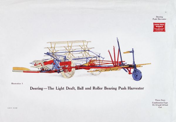 General line color catalog illustration of a Deering push harvester (push binder). The caption underneath the illustration reads, "Deering - The Light Draft, Ball and Roller Bearing Push Harvester" and "Three Sizes - Combination Type 10, 12, and 14-foot Cut".