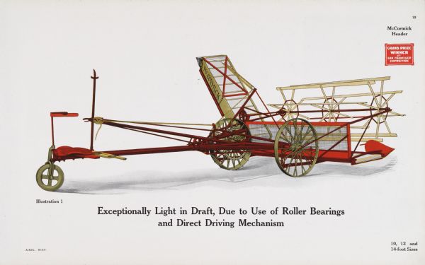 General line color catalog illlustration of a McCormick header. The text beneath the illustration reads, Exceptionally Light in Draft, Due to Use of Roller Bearings and Direct Driving Mechanism" and "10, 12 and 14-foot Sizes."