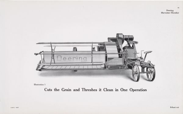 General line catalog illustration of a Deering harvester-thresher (combine). The text beneath the illustration reads, "Cuts the Grain and Threshes it Clean in One Operation" and "9-foot cut".