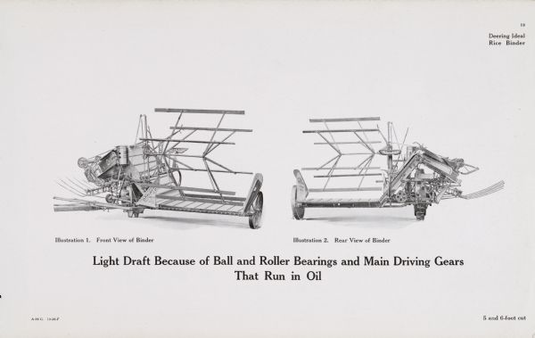 General line catalog front and rear illustrations of a Deering Ideal rice binder. The text beneath the illustration reads, "Light Draft Because of Ball and Roller Bearings and Main Driving Gears That Run in Oil" and "5 and 6-foot cut".