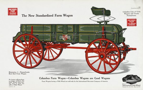 General line color catalog illustration of a Pennsylvania Boot End farm wagon, part of the Columbus Pennsylvania line of farm wagons and trucks.  An "International Fifth Wheel" is pictured in the bottom right corner. The text beneath the illustration reads, "No farmer will purchase a wagon without the Fifth Wheel after having seen or used one with a Fifth Wheel" and "Columbus Farm Wagon-Columbus Wagons are Good Wagons; Farm Wagons having a Fifth Wheel are sold only by the International Harvester Company of America."