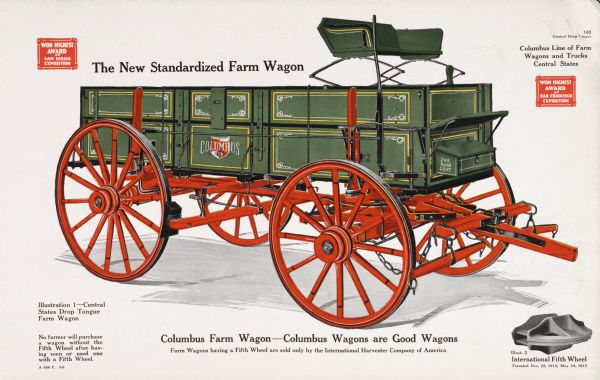General line catalog color illustration of a Central States drop tongue farm wagon, part of the Columbus Central States line of farm wagons and trucks.  An "International Fifth Wheel" is pictured in the bottom right corner. The text beneath the illustration reads, "No farmer will purchase a wagon without the Fifth Wheel after having seen or used one with a Fifth Wheel" and "Columbus Farm Wagon-Columbus Wagons are Good Wagons; Farm Wagons having a Fifth Wheel are sold only by the International Harvester Company of America."