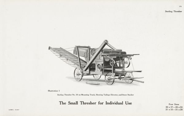 General line catalog illustration of a No. 30 Sterling thresher. The text beneath the illustration reads, "Sterling Thresher No. 30 on Mounting Truck, Showing Tailings Elevator, and Straw Stacker" and "The Small Thresher for Individual Use".