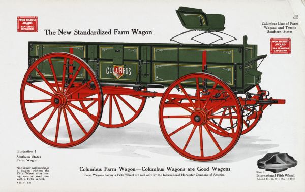 General line catalog color illustration of the Southern States farm wagon, part of the Columbus Southern States line of farm wagons and trucks.  An "International Fifth Wheel" is pictured in the lower right corner. The text beneath the illustration reads, "No farmer will purchase a wagon without the Fifth Wheel after having seen or used one with a Fifth Wheel" and "Columbus Farm Wagon-Columbus Wagons are Good Wagons; Farm Wagons having a Fifth Wheel are sold only by the International Harvester Company of America."