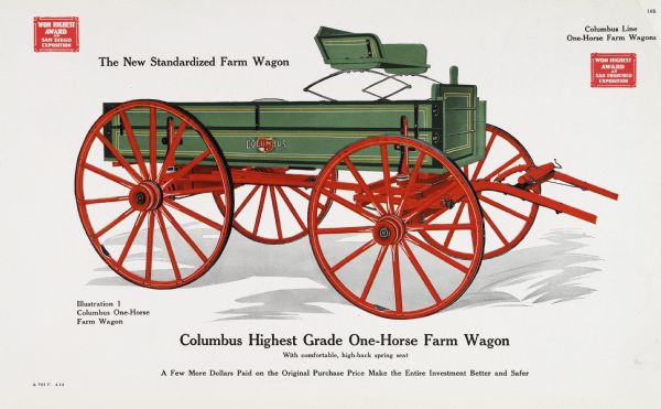 General line catalog color illustration of the Columbus one-horse farm wagon. The text beneath the illustration reads, "Columbus Highest Grade One-Horse Farm Wagon, With comfortable, high-back spring seat; A Few More Dollars Paid on the Original Purchase Price Make the Entire Investment Better and Safer."