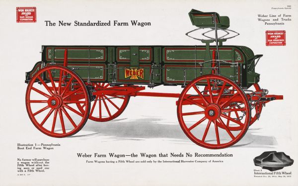 General line catalog color illustration of a Pennsylvania Boot End farm wagon, part of the Weber Pennsylvania line of farm wagons and trucks.  An "International Fifth Wheel" is pictured in the lower right corner. The text beneath the large illustration reads, "No farmer will purchase a wagon without the Fifth Wheel after having seen or used one with a Fifth Wheel," "Weber Farm Wagon-the Wagon that Needs No Recommendation; Farm Wagons having a Fifth Wheel are sold only by the International Harvester Company of America."