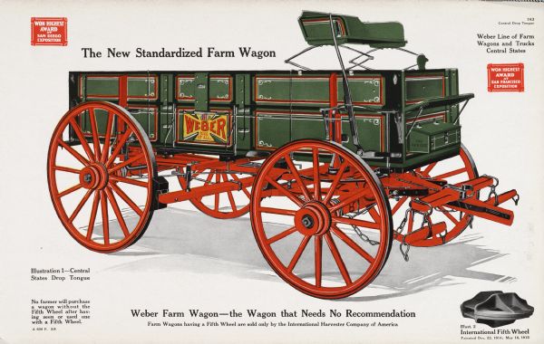 General line catalog advertisement for the Weber Central States drop tongue line of farm wagons and trucks featuring color advertisement.  An "International Fifth Wheel" is pictured along with the wagon. The text beneath the illustration reads, "No farmer will purchase a wagon without the Fifth Wheel after having seen or used one with a Fifth Wheel" and "Weber Farm Wagon-the Wagon that Needs No Recommendation; Farm Wagons having a Fifth Wheel are sold only by the International Harvester Company of America."