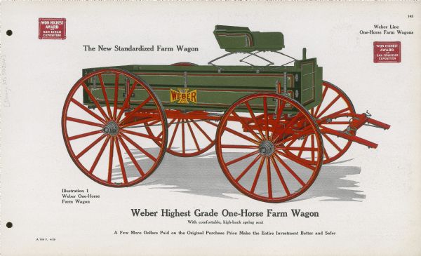 General line catalog color illustration of the Weber one-horse wagon, "The New Standardized Farm Wagon." The text beneath the illustration reads, "Weber Highest Grade One-Horse Farm Wagon, With comfortable, high-back spring seat; A Few More Dollars Paid on the Original Purchase Price Make the Entire Investment Better and Safer."