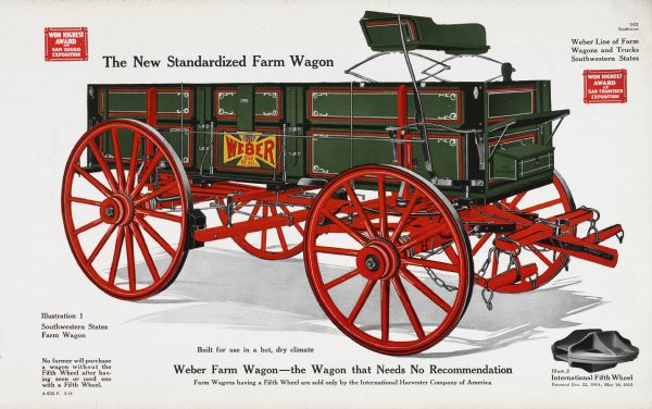 General line catalog advertisement for the Weber Southwestern States line of farm wagons and trucks.  A color illustration of a "Southwestern States Farm Wagon" is pictured with an "International Fifth Wheel" in the lower right corner. The text beneath the large illustration reads, "No farmer will purchase a wagon without the Fifth Wheel after having seen or used one with a Fifth Wheel," "Built for use in a hot, dry climate," and "Weber Farm Wagons-the Wagon that Needs No Recommendation; Farm Wagons having a Fifth Wheel are sold only by the International Harvester Company of America."