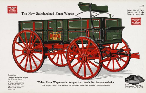 General line catalog advertisement for the Weber Western Mountain line of farm wagons and trucks featuring color illustration.  The "Genuine Mountain Wagon for Western States" is illustrated, along with the "International Fifth Wheel." The text beneath the large illustration reads, "No farmer will purchase a wagon without the Fifth Wheel after having seen or used one with a Fifth Wheel" and "Weber Farm Wagon-the Wagon that Needs No Recommendation; Farm Wagons having a Fifth Wheel are sold only by the International Harvester Company of America."
