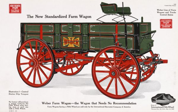 General line catalog advertisement for the Weber Central States line of farm wagons and trucks, with a color illustration of the Central States slip tongue, "The New Standardized Farm Wagon."  An illustration of the "International Fifth Wheel" is in the lower right corner. The text beneath the large illustration reads, "No farmer will purchase a wagon without the Fifth Wheel after having seen or used one with a Fifth Wheel" and "Weber Farm Wagon - the Wagon that Needs No Recommendation; Farm Wagons having a Fifth Wheel are sold only by the International Harvester Company of America."
