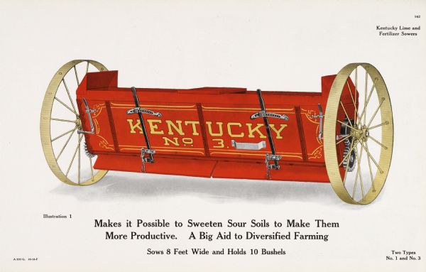 General line catalog color illustration of a Kentucky lime and fertilizer sower. The text beneath the illustration reads, "Makes it Possible to Sweeten Sour Soils to Make Them More Productive.  A Big Aid to Diversified Farming.  Sows 8 Feet Wide and Holds 10 Bushels" and "Two Types. No.1 and No.3."