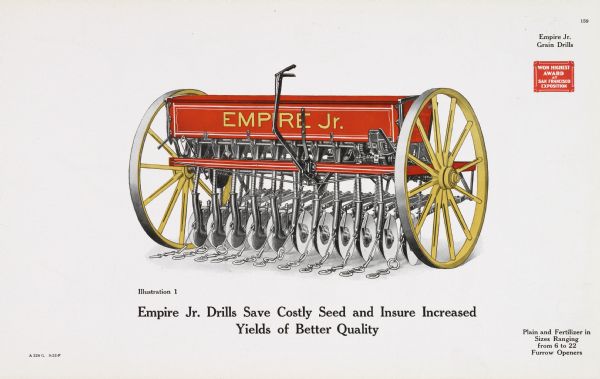 General line catalog color illustration of an Empire Jr. grain drill. The text beneath the illustration reads: "Empire Jr. Drills Save Costly Seed and Insure Increased Yields of Better Quality" and "Plain and Fertilizer in Sizes Ranging from 6 to 22 Furrow Openers."