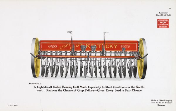 General line catalog color illustration of a Kentucky Light-Draft Drill. The text beneath the illustration reads: "A Light-Draft Roller Bearing Drill Made Especially to Meet Conditions in the Northwest.  Reduces the Chance of Crop Failure-Gives Every Seed a Fair Chance" and "Made in Sizes Ranging from 12 to 24-Furrow Openers."
