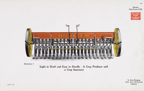 General line catalog color illustration of a Hoosier pipe-frame drill. The text beneath the illustration reads: "Light in Draft and Easy to Handle.  A Crop Producer and a Crop Insurance" and "In Sizes Ranging from 10 to 24-Furrow Openers."
