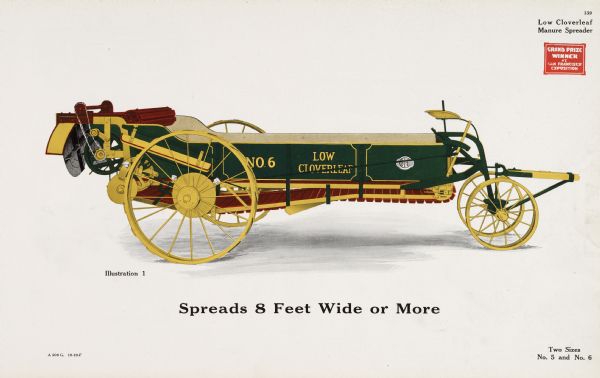 General line catalog illustration of a Low Cloverleaf manure spreader. The text beneath the color illustration reads: "Spreads 8 Feet Wide or More" and "Two Sizes; No.5 and No.6."