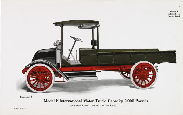 General line catalog color illustration of an International Model F truck. The text beneath the illustration reads: "Model F International Motor Truck, Capacity 2,000 Pounds (With Open Express Body and Cab Top T-200)."