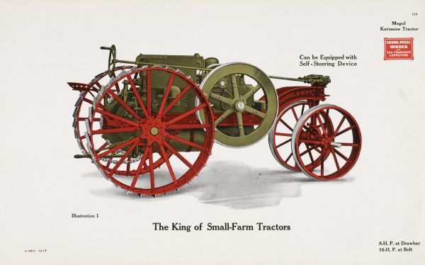 General line catalog color illustration of a Mogul 8-16 kerosene tractor. The text around the illustration reads: "Can be Equipped with Self-Steering Device," "The King of Small-Farm Tractors," and "8-H.P. at Drawbar, 16-H.P. at Belt."