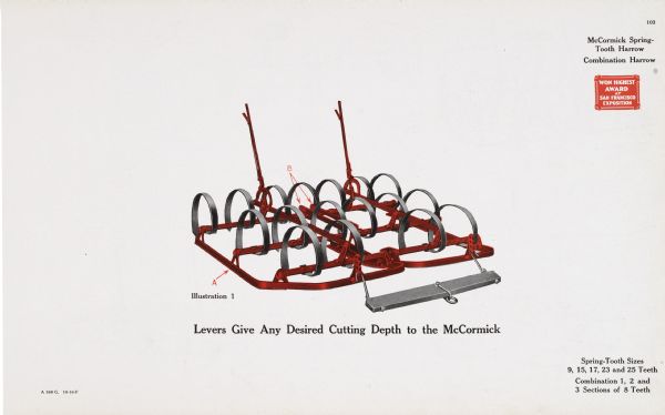 General line catalog advertisement for McCormick spring-tooth and combination harrows. The text beneath the color illustration reads: "Levers Give Any Desired Cutting Depth to the McCormick" and "Spring-Tooth Sizes, 9, 15, 17, 23, and 25 Teeth; Combination 1, 2, and 3 Sections of 8 Teeth."