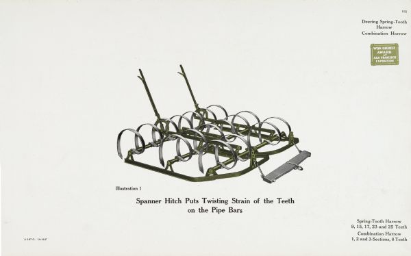 General line catalog advertisement for Deering spring-tooth and combination harrows. The text beneath the color illustration reads: "Spanner Hitch Puts Twisting Strain of the Teeth on the Pipe Bars" and "Spring-Tooth Harrow, 9, 15, 17, 23, and 25 Teeth; Combination Harrow, 1, 2, and 3-Sections, 8 Teeth."